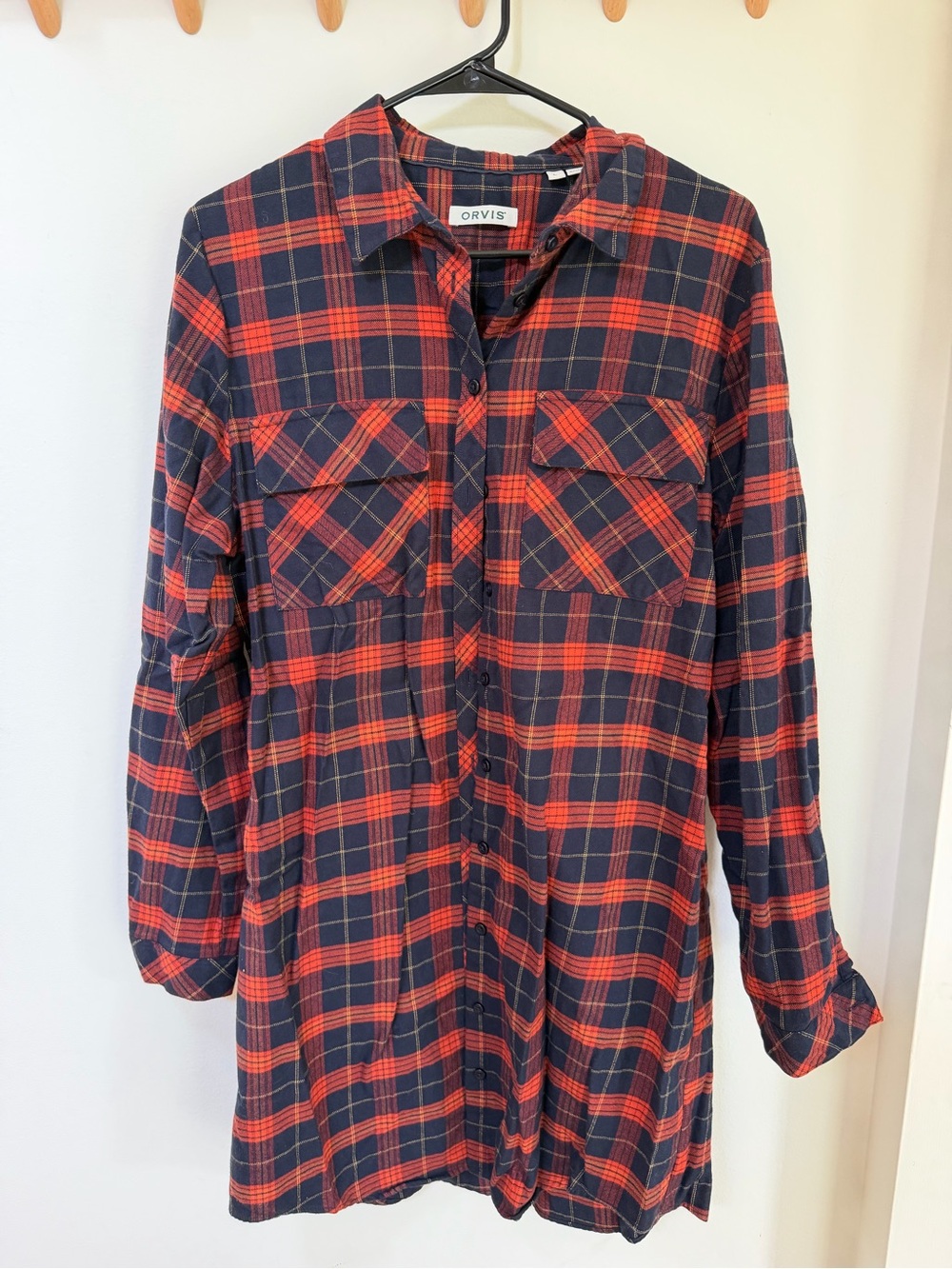 Orvis Navy and Red Flannel Shirt Dress, Size Large